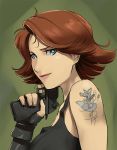  1girl blue_eyes breasts daniel_macgregor desert_eagle fingerless_gloves gloves gun handgun large_breasts lips meryl_silverburgh metal_gear_(series) metal_gear_solid redhead short_hair solo tank_top tattoo trigger_discipline weapon 