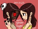  2013 bare_shoulders blush brown_eyes brown_hair carol_(skullgirls) character_name dated dual_persona eye_contact face-to-face hair_ornament happy_birthday looking_at_another mask nyoro_mutou painwheel_(skullgirls) pink_background red_eyes skullgirls smile tagme 