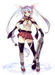  1girl bare_shoulders black_legwear blue_hair breasts cosplay fang hair_ribbon hand_on_hip highres i-19_(kantai_collection) kantai_collection long_hair looking_at_viewer musashi_(kantai_collection) musashi_(kantai_collection)_(cosplay) navel oota_yuuichi open_mouth personification pink_eyes ribbon sarashi skirt smile solo star star-shaped_pupils symbol-shaped_pupils thigh-highs torpedo twintails 