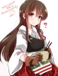  1girl ? akagi_(kantai_collection) brown_eyes brown_hair dated food food_on_face gloves japanese_clothes kantai_collection long_hair looking_at_viewer muneate personification signature solo takeshima_(nia) white_background 