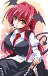  1girl black_legwear blush breasts demon_girl demon_tail garter_straps koakuma large_breasts long_hair looking_at_viewer necktie pointy_ears redhead rough smile solo tail thigh-highs touhou wings yamu_(reverse_noise) yellow_eyes 
