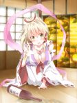  1girl blonde_hair blush bottle breasts cleavage folding_screen hair_ribbon highres inari_konkon_koi_iroha. japanese_clothes large_breasts long_hair miko open_mouth ponytail ribbon sake_bottle solo spill uka-no-mitama-no-kami_(inari) wide_sleeves yellow_eyes yucco_kxoxc 