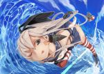  1girl animal_ears dodging gloves highleg highleg_panties kantai_collection ocean panties rabbit_ears shell shimakaze_(kantai_collection) ship skirt splashing striped striped_legwear swimming tongue tongue_out underwear waves white_hair wink yes_warabi 