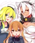  3girls :o adjusting_glasses black_gloves blonde_hair breasts brown_eyes brown_hair dark_skin dated glasses gloves green_eyes hat headgear i-8_(kantai_collection) kantai_collection long_hair looking_at_viewer mochizuki_(kantai_collection) multiple_girls musashi_(kantai_collection) name_tag open_mouth red_eyes sarashi school_swimsuit short_hair signature swimsuit takeshima_(nia) white_hair 