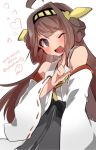  1girl ;d ahoge brown_eyes brown_hair dated double_bun headgear heart kantai_collection kongou_(kantai_collection) long_hair nontraditional_miko open_mouth personification pointing signature smile solo takeshima_(nia) white_background wink 