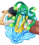  1boy 1girl black_hair flat_chest goo_girl green_eyes inui_takemaru kurusu_kimihito long_hair lying monster_girl monster_musume_no_iru_nichijou navel on_stomach raincoat simple_background smile suu_(monster_musume) tentacle_hair white_background 