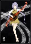  1girl barefoot biwa_lute black_background brown_dress chain dress flower full_body gaouu glowing grin hair_flower hair_ornament instrument long_hair long_sleeves looking_at_viewer lute_(instrument) musical_note purple_hair simple_background smile solo staff_(music) touhou treble_clef tsukumo_benben twintails violet_eyes 