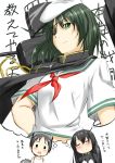  black_hair blush eyepatch female_admiral_(kantai_collection) gloves goggles goggles_on_head green_hair hat highres kantai_collection kiso_(kantai_collection) maru-yu_(kantai_collection) multiple_girls niwatazumi open_mouth personification school_uniform serafuku short_hair translation_request 