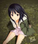  1girl akiyama_mio black_eyes black_hair coat dress grass highres k-on! long_hair sitting zasshu_tamashii 