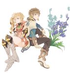  1boy 1girl alicia_(tales) armor boots brown_hair flower green_eyes highres jacket knee_boots long_hair pants side_ponytail sitting slay_(tales) smile tales_of_(series) tales_of_zestiria white_background yachi_kou 