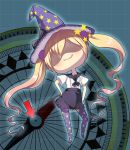  1girl :q blonde_hair compass directional_arrow hand_on_hip hat kantai_collection long_hair majokko_(kantai_collection) pantyhose print_legwear purple_legwear rashinban_musume solo star_print tongue twintails wand witch_hat youqiniang 