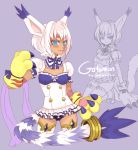  1girl blue_(hopebiscuit) blue_eyes blush dark_skin detached_collar digimon eyebrows fang gloves hair_intakes highres paw_gloves personification short_hair tail tailmon thick_eyebrows thigh-highs white_hair 