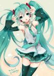 1girl 39 arms_up detached_sleeves green_eyes green_hair hatsune_miku headset long_hair necktie open_mouth skirt solo thigh-highs twintails very_long_hair vocaloid 