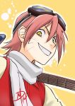  1girl bass_guitar daniel_macgregor flcl goggles goggles_on_head grin haruhara_haruko instrument pink_hair scarf short_hair smile solo whiskers yellow_eyes 