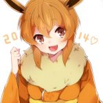  1girl 2014 animal_ears brown_eyes brown_hair eevee fang fur_trim open_mouth personification pokemon solo takeshima_(nia) white_background 