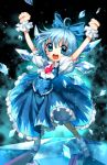  1girl ahoge blue blue_dress blue_eyes blue_hair cirno dress highres ice ice_wings icicle_fall kazutani_ninshi puffy_short_sleeves puffy_sleeves raised_fists short_hair short_sleeves smile solo touhou wings wrist_cuffs 