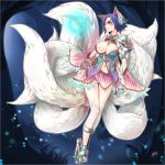  1girl absurdres ahri alternate_hairstyle animal_ears blue_eyes blue_hair blush breasts cleavage detached_sleeves ejami fox_ears fox_tail heart heart-shaped_pupils highres huge_breasts league_of_legends multicolored_eyes multiple_tails pink_eyes short_hair solo symbol-shaped_pupils tail thigh-highs 