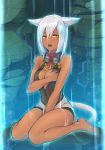  1girl animal_ears bare_shoulders barefoot between_legs blush breasts cleavage covering covering_breasts dark_skin final_fantasy final_fantasy_xiv goggles hairband miqo&#039;te open_mouth short_hair silver_hair sitting solo tail takatsuki_kahiro wariza water wet wet_clothes yellow_eyes 