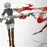  1girl anti-materiel_rifle gloves gun hellsing red_eyes rifle sapon seras_victoria short_hair sniper_rifle solo spot_color standing thigh-highs uniform weapon white_gloves 