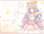  1girl animal_ears balancing belt book casual contemporary dog_ears english hair_ribbon kemonomimi_mode kyuuponkuku long_hair object_on_head outstretched_arms patchouli_knowledge purple_hair ribbon solo speech_bubble spread_arms touhou tress_ribbon very_long_hair violet_eyes 
