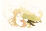  2girls animal_ears blonde_hair brown_hair closed_eyes dress green_dress holding_hands ib ib_(ib) kneehighs long_hair mary_(ib) multiple_girls pillow skirt sleeping souno_kazuki tail 