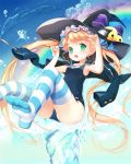  1girl animal_ears blonde_hair cat_ears green_eyes hat jacket_on_shoulders long_hair mintchoco original rainbow school_swimsuit striped striped_legwear swimsuit thigh-highs twintails water witch_hat 