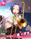  blue_hair character_name closed_eyes idolmaster idolmaster_million_live! miura_azusa musical_instrument short_hair smile trombone 