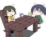  blue_hair blush brown_hair chair chibi chocolate damage_control_crew_(kantai_collection) desk eating frown green_hair hiryuu_(kantai_collection) kantai_collection o_o paint_roller personification shishigami_(sunagimo) smile souryuu_(kantai_collection) 