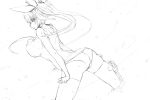  1girl breasts dutch_angle gond hair_ribbon i-19_(kantai_collection) kantai_collection large_breasts lineart long_hair monochrome personification profile ribbon school_swimsuit sketch solo swimsuit thigh-highs twintails wading 