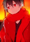  1boy artist_request black_hair highres jersey kagerou_project kisaragi_shintarou red red_eyes sad_smile scarf short_hair smile solo track_jacket window 