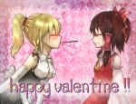  2girls alternate_hairstyle ascot bare_shoulders blonde_hair blush braid brown_hair closed_eyes detached_sleeves dress elbow_gloves embarrassed english gloves hair_ribbon hair_tubes hakurei_reimu heart kirisame_marisa multiple_girls pink_background pocky ponytail red_eyes ribbon short_hair side_braid sweatdrop touhou valentine yuxyon 