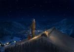  1boy landscape lantern mountain night night_sky original scenery sky snowing solo village you_(shimizu) 
