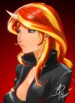  1girl black_sclera blonde_hair blue_eyes breasts daniel_macgregor holding_arm horn lips long_hair multicolored_hair my_little_pony nose redhead solo sunset_shimmer two-tone_hair unzipped 