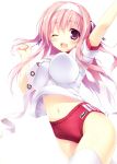  1girl ;d absurdres arm_up breasts brown_hair buruma clenched_hand copyright_request finish_line front_cover gym_uniform hairband highres karory large_breasts navel open_mouth sash shirt_lift smile solo thigh-highs violet_eyes white_legwear wink 