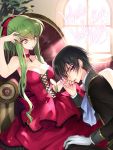  1boy 1girl bare_shoulders black_hair blush breasts c.c. cleavage code_geass creayus dress gloves green_hair lelouch_lamperouge long_hair open_mouth short_hair sitting violet_eyes white_day white_gloves yellow_eyes 