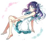  1girl bare_legs barefoot blue_eyes bubblegum buun_ko hiradaira_chisaki long_hair nagi_no_asukara purple_hair sailor_dress school_uniform side_ponytail 