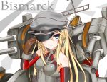  1girl adjusting_clothes adjusting_hat bismarck_(kantai_collection) blonde_hair blue_eyes breasts character_name detached_sleeves gloves hat highres kantai_collection langley1000 long_hair peaked_cap personification solo 