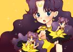  1girl barefoot bishoujo_senshi_sailor_moon blue_eyes breasts chibi_inset cleavage crescent double_bun dress earrings facial_mark fang forehead_mark hako_(rippootai) jewelry long_hair luna_(sailor_moon) luna_(sailor_moon)_(human) necklace open_mouth purple_hair sparkle very_long_hair yellow_background yellow_dress 