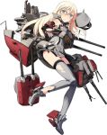  1girl armband bismarck_(kantai_collection) blonde_hair blush breasts brown_gloves cannon detached_sleeves gloves grey_eyes grey_legwear hat hat_removed headwear_removed kantai_collection long_hair mecha_musume official_art open_mouth peaked_cap shimada_fumikane solo thigh-highs torn_clothes torn_thighhighs transparent_background 