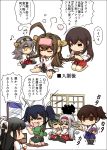  6+girls ahoge akagi_(kantai_collection) black_hair black_legwear braiding_hair brown_eyes brown_hair comic crossed_arms green_hair hair_ribbon hairband hairdressing hakama_skirt haruna_(kantai_collection) headgear hisahiko hiyou_(kantai_collection) kaga_(kantai_collection) kantai_collection kongou_(kantai_collection) multiple_girls musical_note payot ribbon ribbon-trimmed_sleeves ribbon_trim seiza shoukaku_(kantai_collection) side_ponytail silver_hair sitting skirt souryuu_(kantai_collection) star star-shaped_pupils symbol-shaped_pupils tears thigh-highs translation_request trembling twintails yellow_eyes zuikaku_(kantai_collection) 