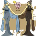  2girls alternate_color armband b-ko_(1214920) blue_eyes blue_hair diana_(pop&#039;n_music) dual_persona flower grey_eyes grey_hair hair_bun hair_up multicolored_hair multiple_girls pop&#039;n_music scarf short_hair symmetry two-tone_hair 