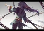  1boy 2014 black_hair bracelet chain from_behind grey_background hair_over_eyes jacket jewelry letterboxed long_hair male pants robinexile serious signature solo sword tales_of_(series) tales_of_vesperia weapon yuri_lowell 