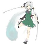  1girl blouse dual_wielding flower frilled_skirt frills green_eyes hairband kashiwada_kiiho katana konpaku_youmu konpaku_youmu_(ghost) ofuda sheath short_hair silver_hair skirt sword touhou vest weapon 