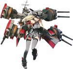  1girl bismarck_(kantai_collection) blonde_hair breasts brown_gloves cannon detached_sleeves gloves grey_eyes grey_legwear hat kantai_collection long_hair mecha_musume official_art open_mouth peaked_cap personification shimada_fumikane solo thigh-highs transparent_background 