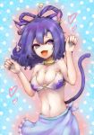  1girl animal_ears blue_hair bra cat_ears cat_tail earrings fang hair_ornament hair_stick heart highres jewelry midriff open_mouth paw_pose polka_dot polka_dot_background short_hair skirt solo tail touhou underwear violet_eyes yuxyon 