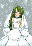  1girl absurdres bare_shoulders blue_eyes dress green_hair highres jewelry kantai_collection long_hair personification ring shiwo solo wedding_dress yuugumo_(kantai_collection) 