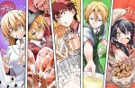  2boys 3girls bibi black_hair blonde_hair blue_eyes brand_name_imitation employee_uniform fast_food_uniform food french_fries green_eyes gyuudon long_hair meat mito_ikumi multiple_boys multiple_girls nakiri_erina pasta redhead shokugeki_no_soma spaghetti tadokoro_megumi takumi_aldini uniform yellow_eyes yukihira_souma 