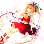  1girl ascot blonde_hair bow cherry_blossoms flandre_scarlet flower hat hat_bow highres petals red_eyes red_shoes renkarua shirt shoes short_sleeves side_ponytail skirt skirt_set smile solo touhou vest wings wrist_cuffs 