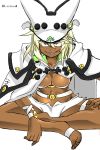  1girl barefoot belt beltbra blonde_hair breasts cape cleavage dark_skin grin guilty_gear guilty_gear_xrd hat highres indian_style long_hair navel ramletherl_valentine sharp_teeth short_shorts shorts sitting smile solo twitter_username yukia_(firstaid0) 