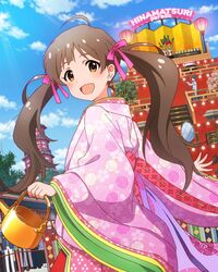  ahoge artist_request brown_eyes brown_hair hakozaki_serika happy idolmaster idolmaster_million_live! japanese_clothes kimono long_hair open_mouth sky twintails 